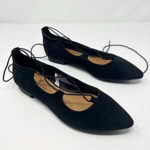 American Eagle Black Lace Up Pointed Toe Flats Size 6 Faux Suede